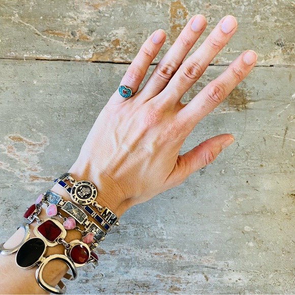 Southwestern Style Sterling Silver Turquoise & Red Coral Chip Inlay Heart Ring - Picture 2 of 13